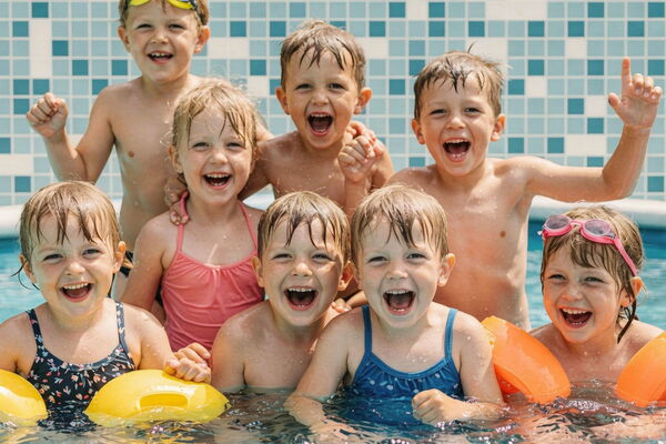 Illustrierte Szene einer Kindergeburtstagsfeier im Schwimmbad - fröhliche Kinder beim Feiern im Wasser