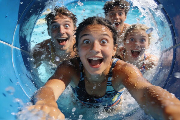 Zweite Ansicht der Riesenrutsche im Uslarer Badeland - Rutschturm und Landebecken